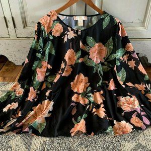 New PLUS SIZE Floral Flowy Chiffon Bohemian Top Blouse Black